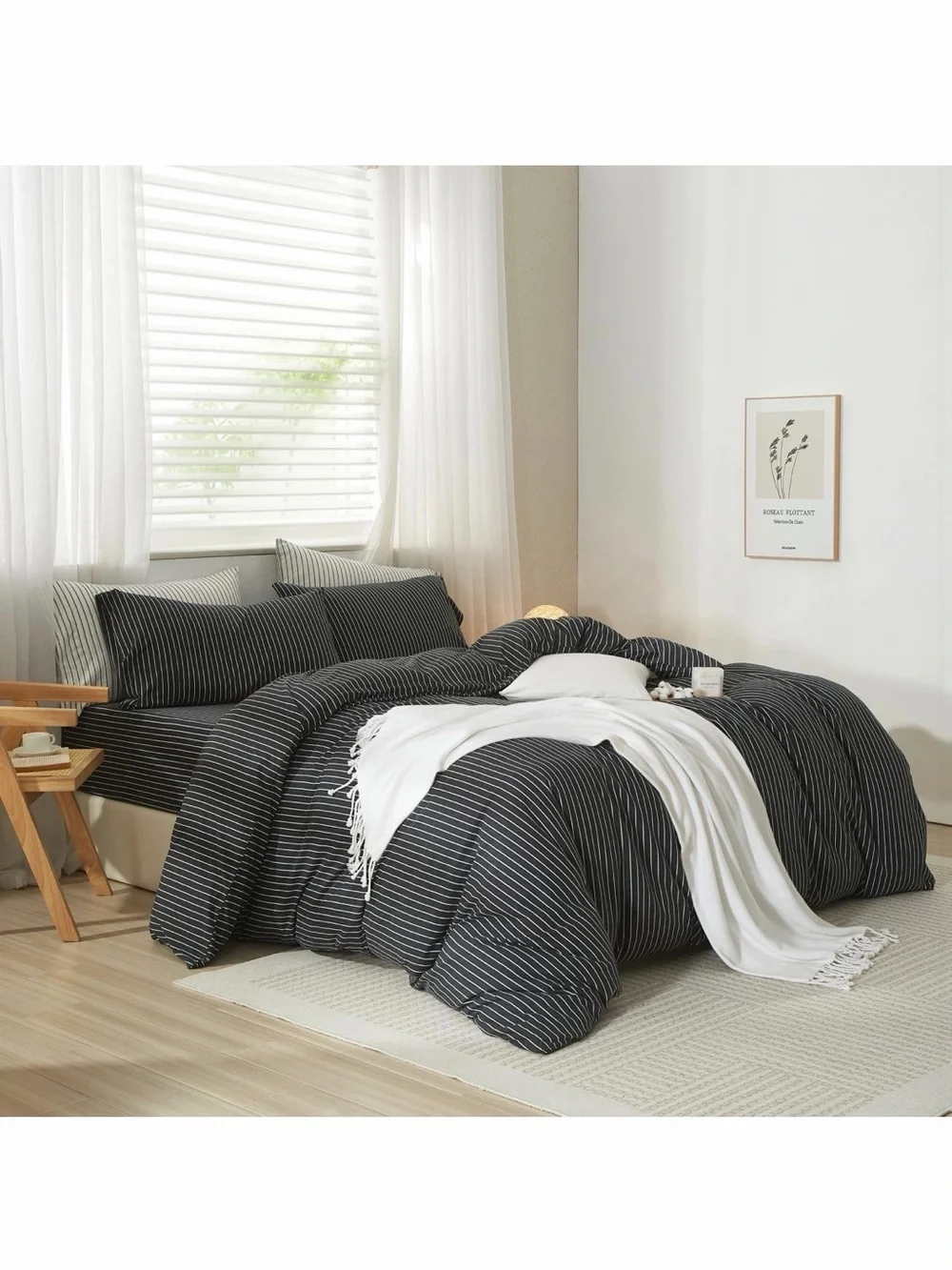 Heathered Charcoal White Stripes King Jersey Knit Cotton Duvet Cover Set